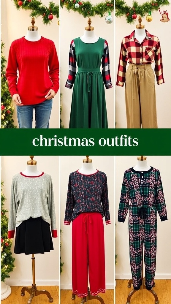 Festive Christmas Outfit Ideas A collection of five Christmas outfits including a red sweater, green dress, plaid shirt, sparkly top, and festive pajamas.